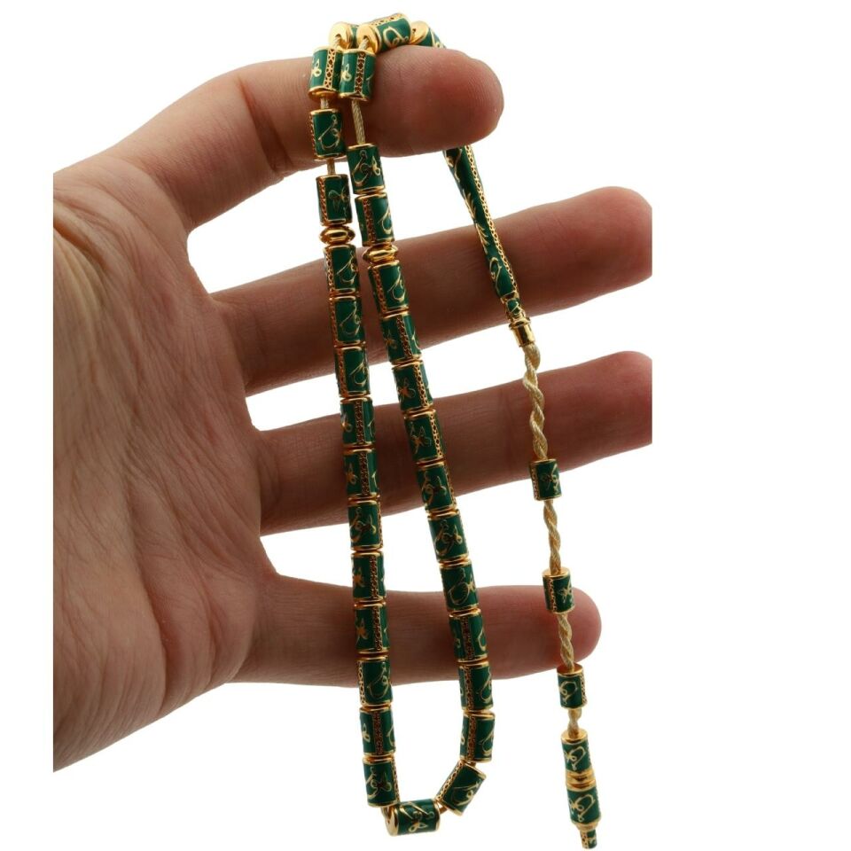 Capsule Cut 14 Carat Gold Prayer Beads Green Enamel Processing