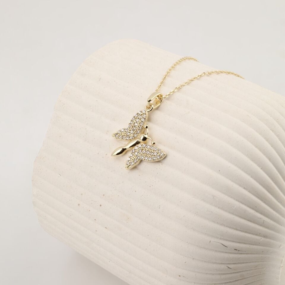 14 Ayar Altın Taşlı Kelebek Kolye