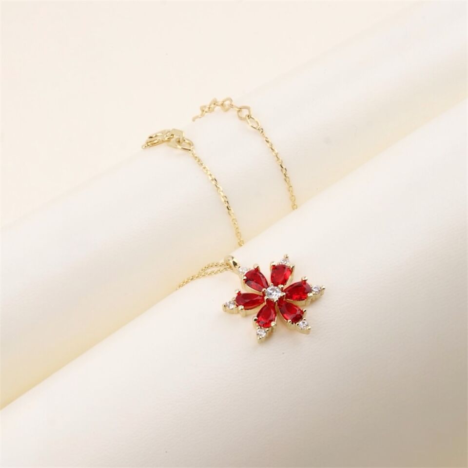 14 Ayar Altın Kırmızı Lotus Çiçeği Kolye