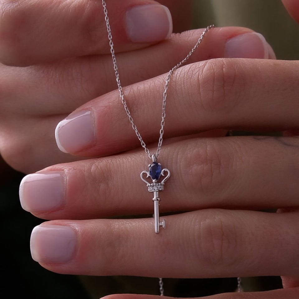 14K Gold Drop Stone Key Necklace