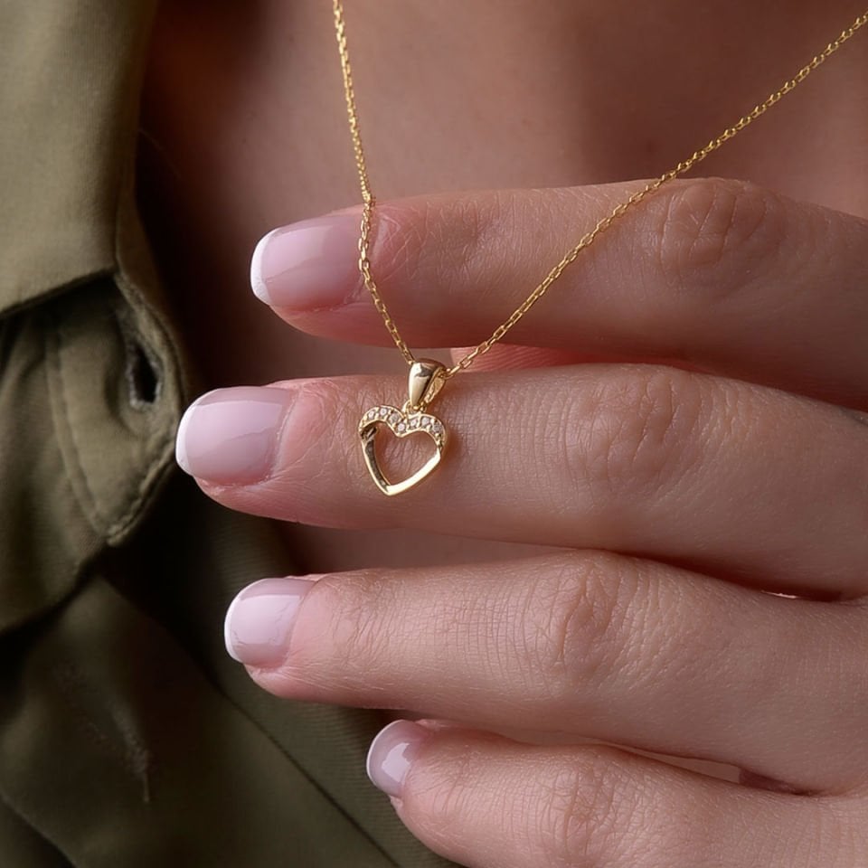 14K Gold Row Stone Heart Necklace