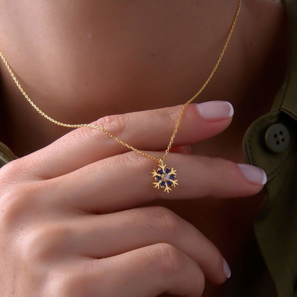 14K Gold Baguette Stone Snowflake Necklace