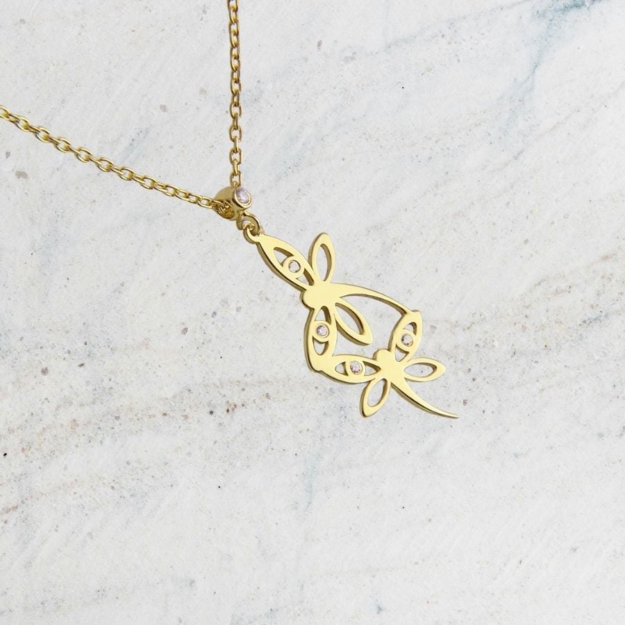 14K Gold Double Dragonfly Necklace