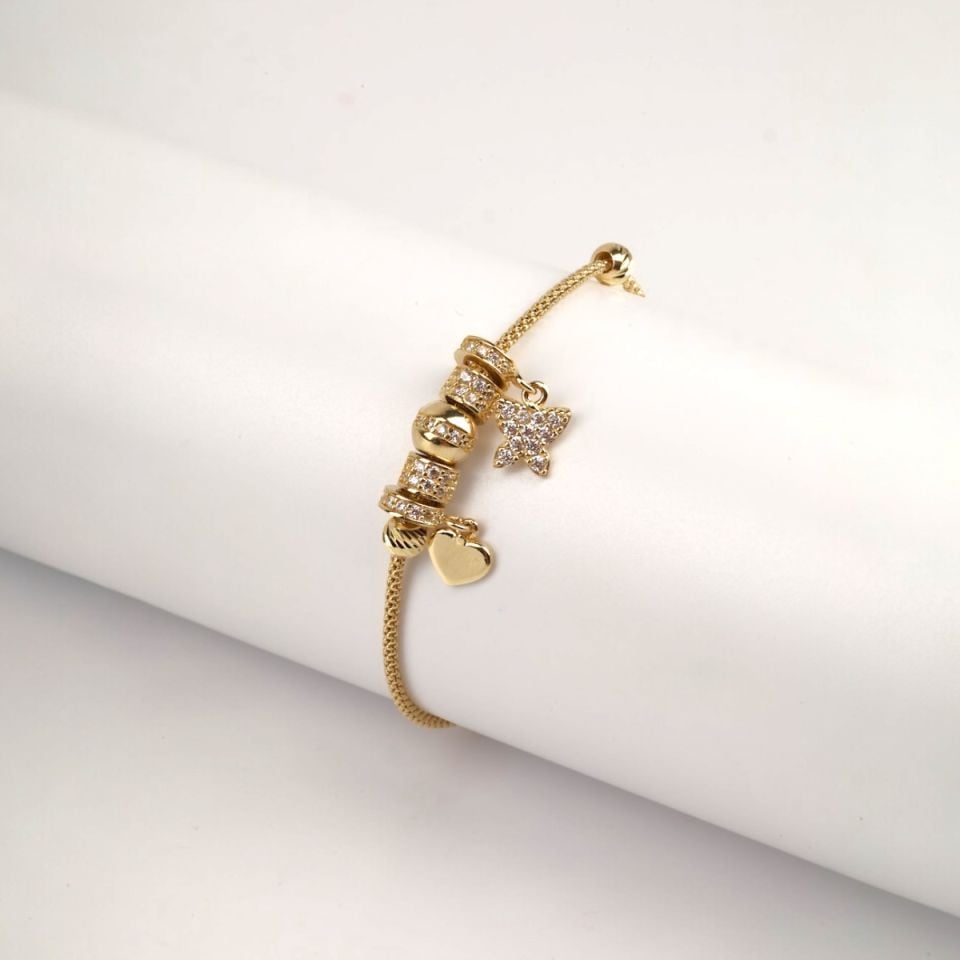14 Carat Gold Stone Butterfly and Heart Figured Charm Bracelet