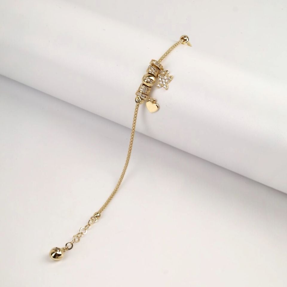 14 Carat Gold Stone Butterfly and Heart Figured Charm Bracelet