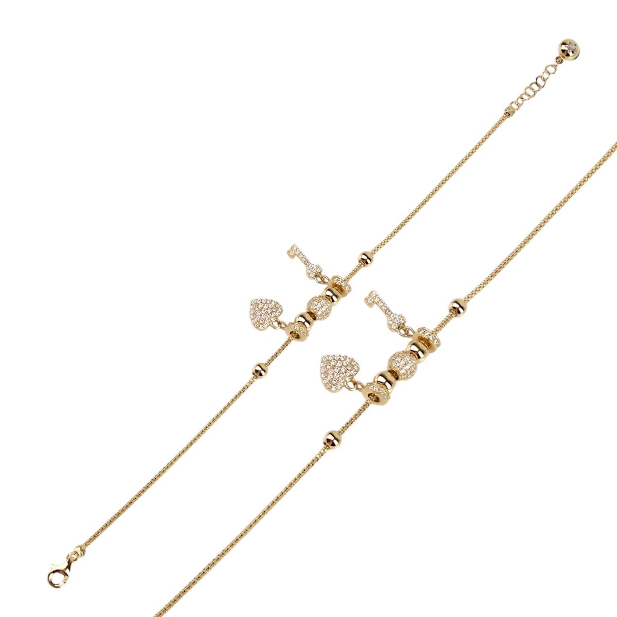 14K Gold Heart and Key Figured Charm Bracelet