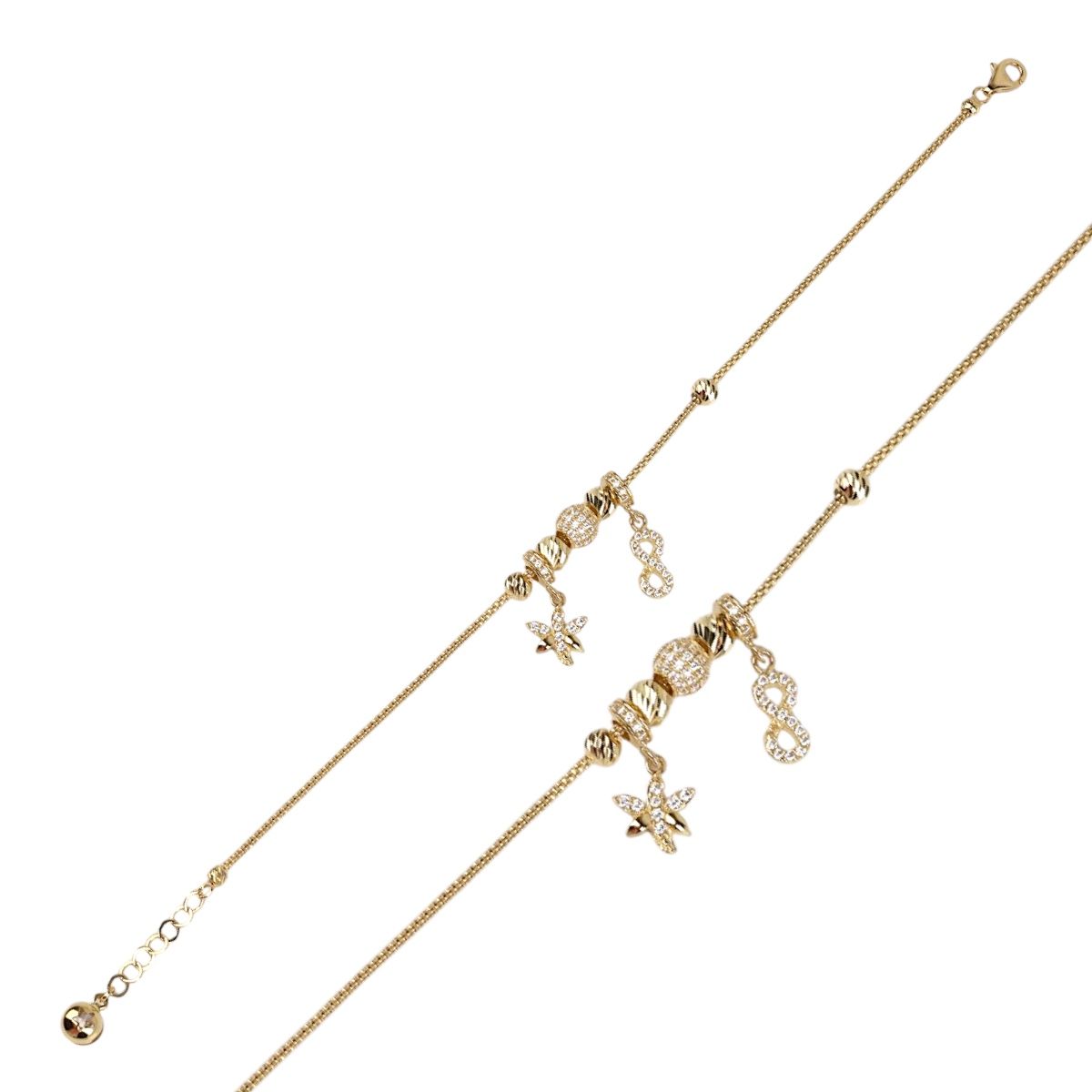 14K Gold Dragonfly and Infinity Figured Charm Bracelet